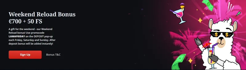 Víkendový reload bonus na online zakino webu Lamabet