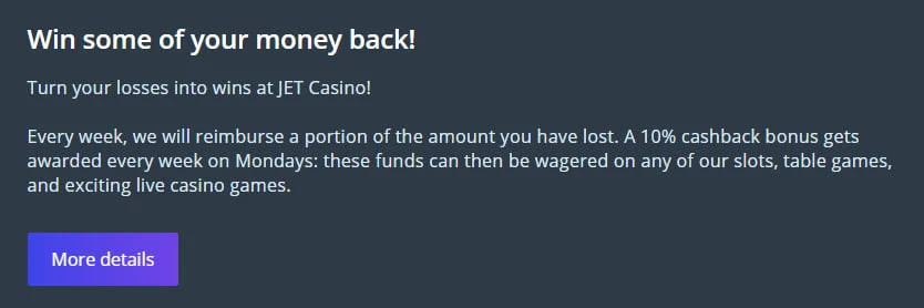 Jet Casino Cashback bonus