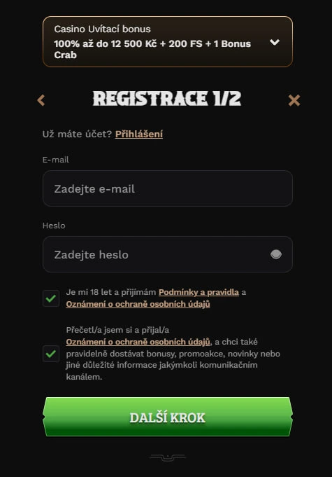 Wildsino Vytvoření účtu